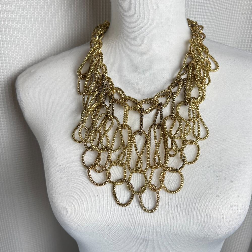 Vintage Chico's Mesh Bib Necklace Gold Tone Flexible Chunky Statement Long
